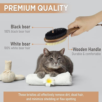 Takavu Double-Sided Boar Bristle Cat Brush - Natural Grooming Tool for Gentle Cleaning, Shine &amp; Reduced Loose Hair - Wood Handle Pet Brush