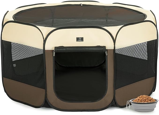 A4Pet Dog Playpen Indoor, 49” Pet Playpen with Bowl for Dogs, Kittens, and Small Animals, Removable Zipper &amp; Mesh Panel(19”W × 12”H)