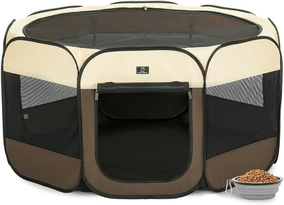 A4Pet Dog Playpen Indoor, 49” Pet Playpen with Bowl for Dogs, Kittens, and Small Animals, Removable Zipper &amp; Mesh Panel(19”W × 12”H)