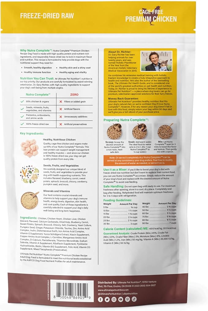 ULTIMATE PET NUTRITION Nutra Complete Freeze Dried Raw Dog Food, Veterinarian Formulated with Antioxidants, Prebiotics &amp; Amino Acids (5 Ounce, Chicken)
