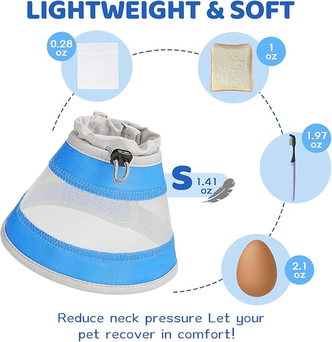 Breathable Air Mesh Cat Cone Collar Soft to Stop Licking, Adjustable, Foldable Lightweight Kitten Cones After Surgery Recovery for Cats &amp; Kittens (Light Blue, S)