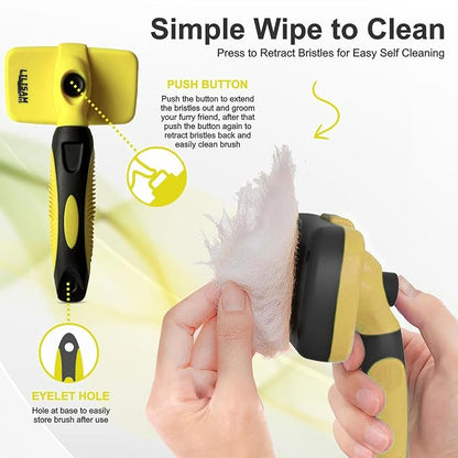 Pet Self Cleaning Slicker Brush and Grooming Comb - Gently Removes Loose Hair, Tangles, and Dirt - Skin Friendly Deshedding Grooming Tool for Hair Dogs &amp; Cats - Pet Supplies Accessories (Yellow)
