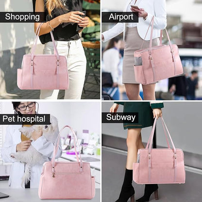 Dog Carrier Purse, Fashion Leather Pet Carrier with Pockets, Airline Approved Soft Sided Dog Carrying Bag for Puppy Cat Dog Pink