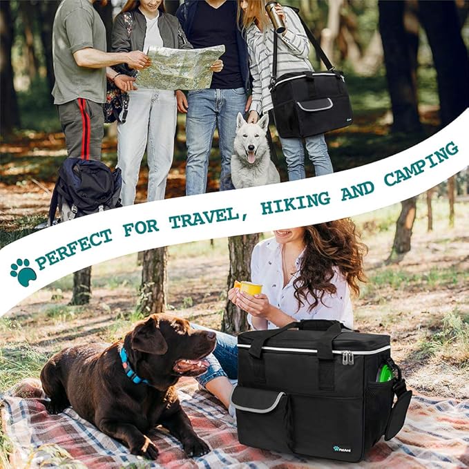 PetAmi Dog Travel Bag - Organizer with Food Container, Bowls &amp; Accessories for Weekend Camping, Cat Diaper Bag (Black, Large)