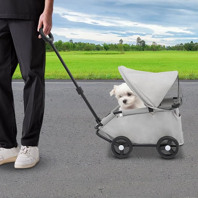Small Dog Stroller, Pe4-Wheel Portable Dog &amp; Cat Stroller with Semi-Open Design, Foldable Pet Cart with Canopy for Small Dogs or Cats Weighing Less Than 15.43 Pounds (Grey)