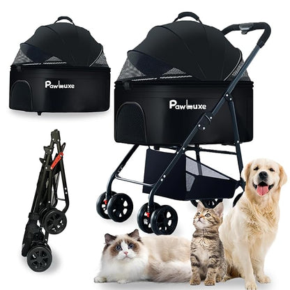 4 Wheels Pet Stroller 4 in 1 Pet Stroller with Detachable Carrier for Small &amp; Medium Dogs Cats up to 55 lbs Easy-Folding Travel Dog Wagon with Car Seat Breathable Mesh,Black