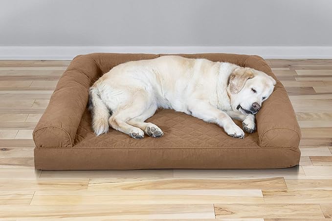 Furhaven Cooling Gel Dog Bed for Large Dogs w/ Removable Bolsters &amp; Washable Cover, For Dogs Up to 95 lbs - Quilted Sofa - Toasted Brown, Jumbo/XL