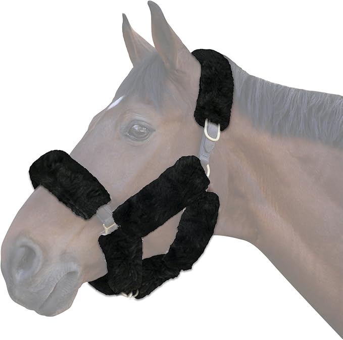 ECP Equine Comfort Products Merino Sheepskin Halter Fleece Set for Horses, 100% Natural Wool, Chafe Protection, Breathable Relief &amp; Cushioned Comfort, Machine Washable, 9-Piece Set, Black