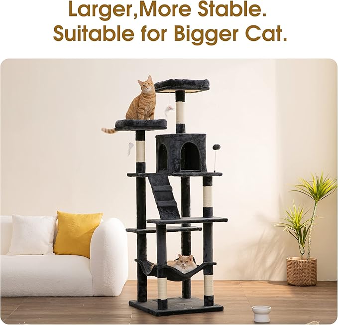 MWPO 70.1-Inch Large Cat Tree, Multi-Level Tall Cat Tower for Indoor Cats, Plush Cat Condo with Big Padded Perches, Sisal-Covered Scratching Posts, Hammock, Toys for Kittens &amp; Cats - Smoky Grey