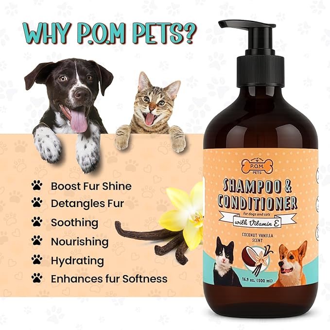 POM Pets 2-in-1 Organic Dog Shampoo &amp; Conditioner – Itchy Skin Relief, Dog Deshedding, Detangles Fur, Cat Shampoo, Paw Cleaner for Dogs, Natural Coat Defense Formula