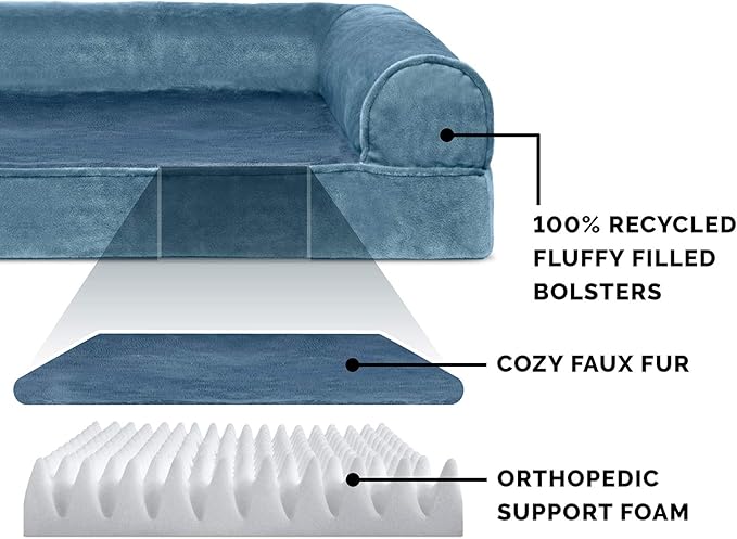 Furhaven Orthopedic Dog Bed for Large/Medium Dogs w/ Removable Bolsters &amp; Washable Cover, For Dogs Up to 55 lbs - Faux Fur &amp; Velvet Sofa - Harbor Blue, Large