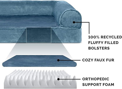 Furhaven Orthopedic Dog Bed for Large/Medium Dogs w/ Removable Bolsters &amp; Washable Cover, For Dogs Up to 55 lbs - Faux Fur &amp; Velvet Sofa - Harbor Blue, Large