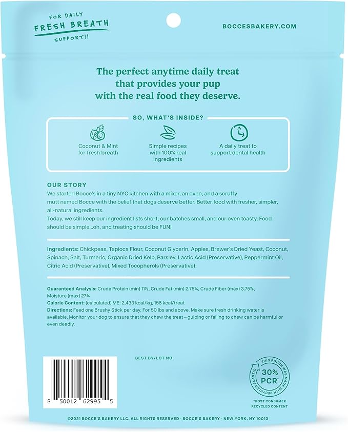 Bocce’s Bakery Dailies Brushy Sticks to Support Oral Health &amp; Fresh Breath, Wheat-Free Dental Bars for Dogs, Made with Real Ingredients, Baked in the USA, All-Natural Coconut &amp; Mint Recipe, Large Dogs