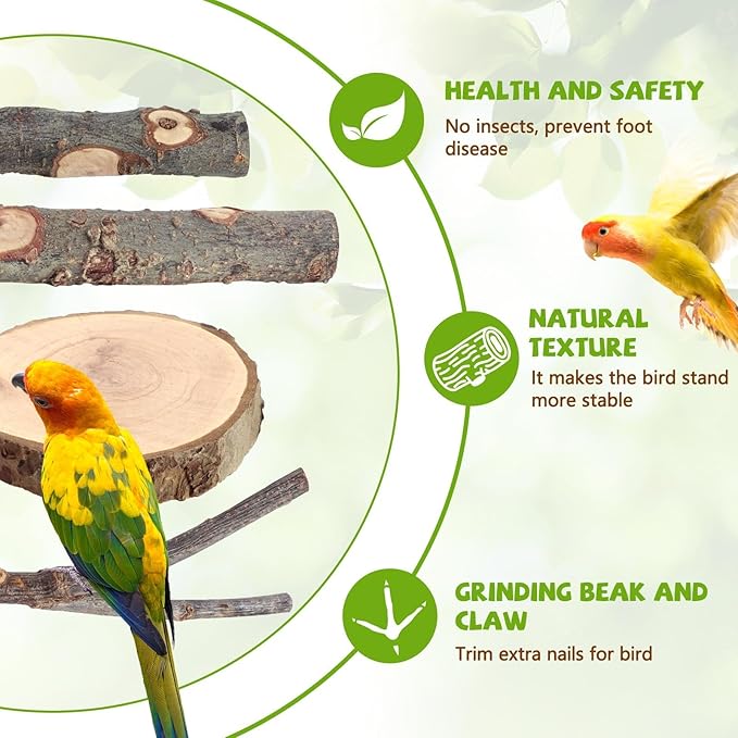 Natural Wood Bird Perches for Cage, Parrot Perch Stand &amp; Platform, Bird Cage Accessories for Parakeets, Cockatiels, Conures, Lovebirds (Brown, Deluxe Playground Set - 12PCS)