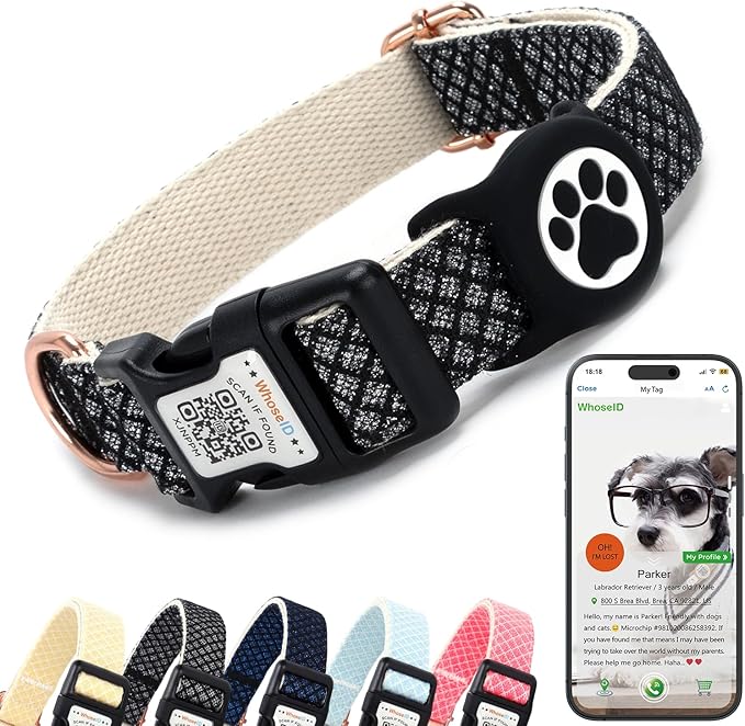 Dog Collar with Waterproof AirTag Holder &amp; Anti-Lost QR Code, Cute Bling Warpping Adjustable Width for Small Medium Large Pet (Black, S)