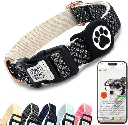 Dog Collar with Waterproof AirTag Holder &amp; Anti-Lost QR Code, Cute Bling Warpping Adjustable Width for Small Medium Large Pet (Black, S)