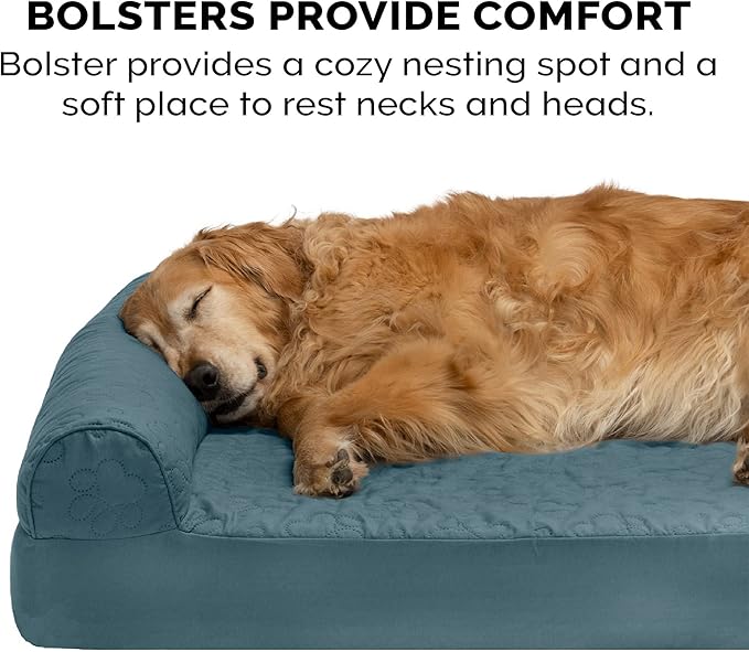 Furhaven Cooling Gel Dog Bed for Medium/Small Dogs w/ Removable Bolsters &amp; Washable Cover, For Dogs Up to 35 lbs - Pinsonic Quilted Paw L Shaped Chaise - Bluestone, Medium