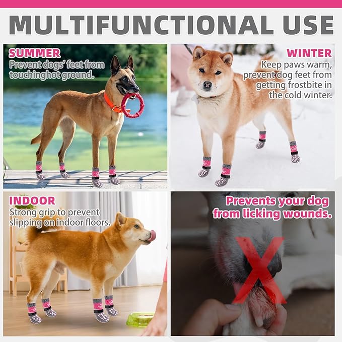 KOOLTAIL Dog Socks for Hot/Cold Pavement to Prevent Licking Paws Scratching,Anti Slip Pet Boots&amp;Paw Protector for Hardwood Floor,Traction Control Grip Booties for Small Medium Large Senior Dogs PinkXS
