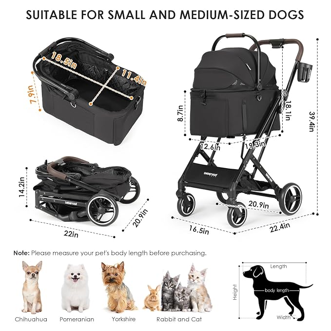 X2 Pet Stroller, Dog Cat Stroller for Small Pets Under 44lbs, Equipped with Detachable &amp; Foldable Carrier, Waterproof Pad &amp; Sunshade Canopy,Camel (Black)