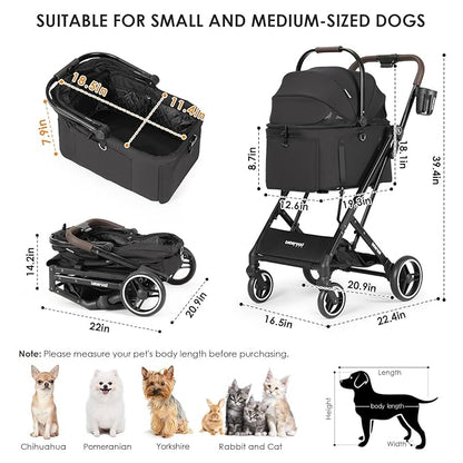 X2 Pet Stroller, Dog Cat Stroller for Small Pets Under 44lbs, Equipped with Detachable &amp; Foldable Carrier, Waterproof Pad &amp; Sunshade Canopy,Camel (Black)
