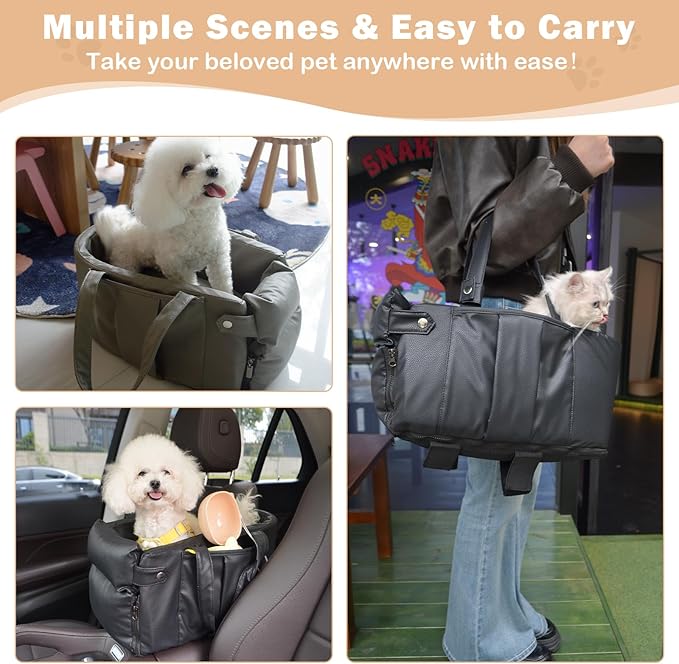Dog Car Seat for Small Dogs, Large Leather Dog Car Bed with Storage Pocket, Waterproof PVC Leather Booster Seat Travel Bed for Front &amp; Back Seat, Clip-On Safety Leash (Grey)