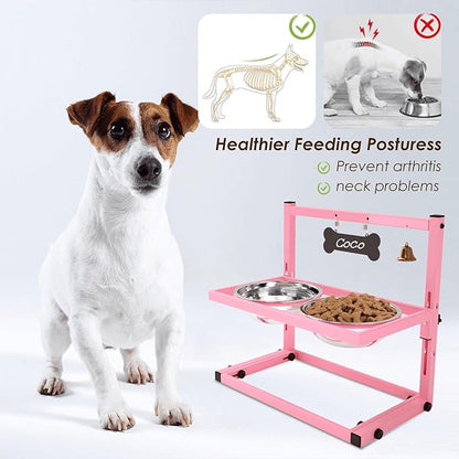SHAINFUN Elevated Bowls for Small and Medium Dogs, Raised Stand With 2 Stainless Steel Food &amp; Water Bowls, Adjustable Height Feeder for Puppy &amp; Cats, Cute Pink