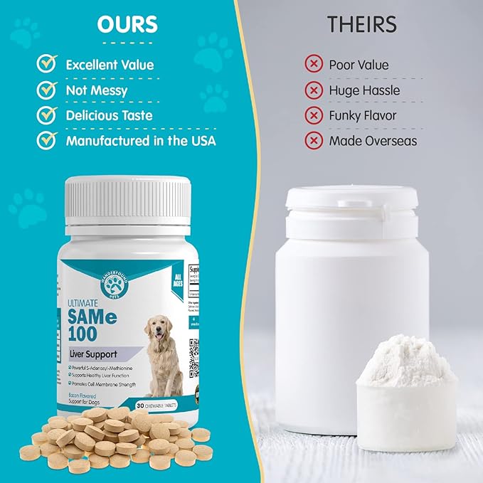 Wanderfound Pets Same 100 Liver Support for Dogs - Same S-Adenosyl-L-Methionine Hepatic Supplement for Liver &amp; Brain Support - Bacon Flavored Sam E, Manufactured in The USA - 30 Chewable Tablets
