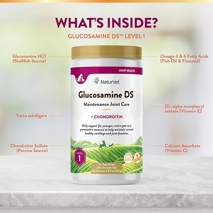 NaturVet – Glucosamine DS - Level 1 Maintenance Care | Preventative Care to Maintain Healthy Cartilage &amp; Joint Function | Enhanced with Glucosamine &amp; Chondroitin | for Dogs &amp; Cats (240 Tablets)