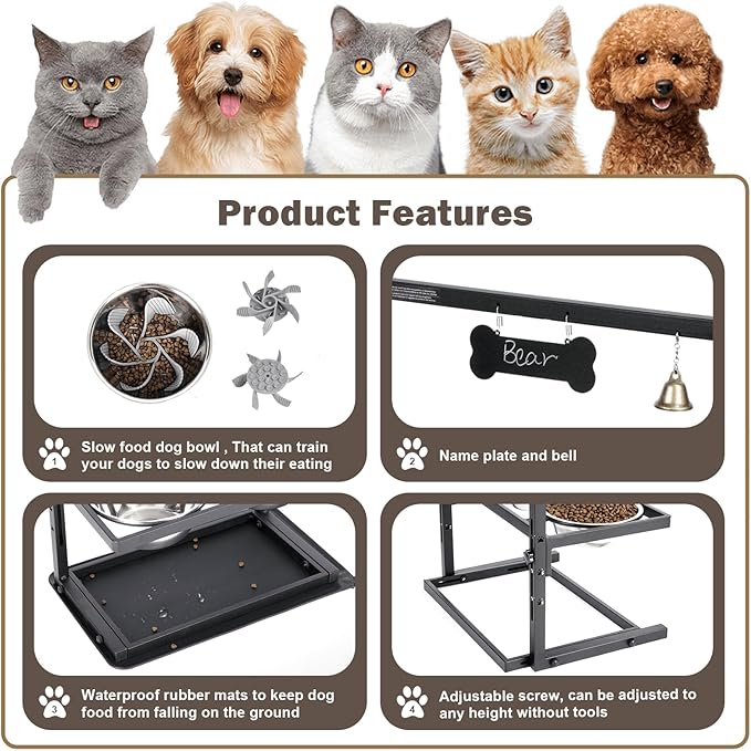 SHAINFUN Elevated Dog Bowls - Slow Feeder, Raised Stand with Two 1700ML Stainless Steel Bowls, Spill Proof Mat for Large &amp; Medium Dogs
