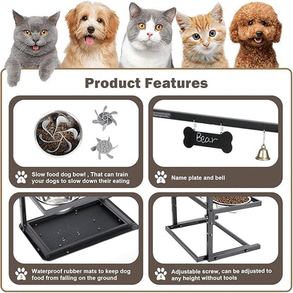 SHAINFUN Elevated Dog Bowls - Slow Feeder, Raised Stand with Two 1700ML Stainless Steel Bowls, Spill Proof Mat for Large &amp; Medium Dogs