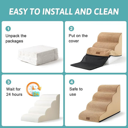 Dog Stairs for Small Dogs 15.7" H, Curved Dog Step for Puppy, Older Cat, Medium Pet Ramp for Sofa, Couch or Chair, Ladder with High Density Foam, 15.7x22.4x15.7 inch, 3 Step, Light Brown
