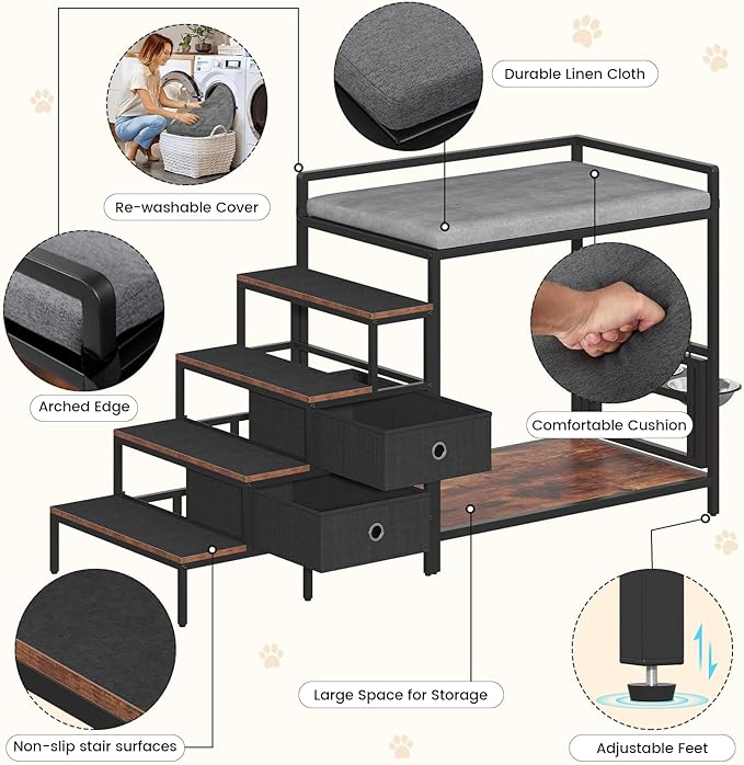 Dog Window Perch with 360° &amp; Adjustable Raised Feeder, Pet Bunk Bed with Removable Stair and 2 Drawers, Elevated Platform Bed, Pet Elevated Seat with Cushion, Paw-Friendly Ladder