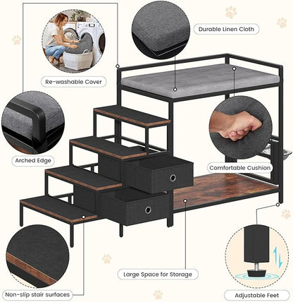 Dog Window Perch with 360° &amp; Adjustable Raised Feeder, Pet Bunk Bed with Removable Stair and 2 Drawers, Elevated Platform Bed, Pet Elevated Seat with Cushion, Paw-Friendly Ladder