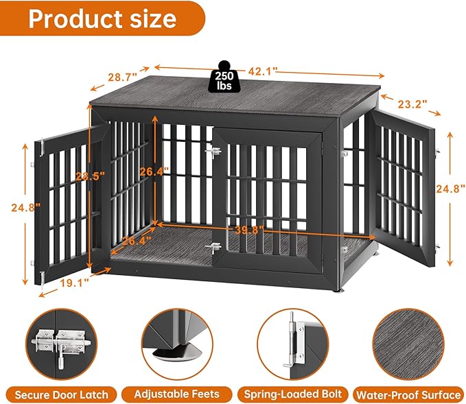42" Heavy Duty Dog Crate Furniture for Small,Medium and Large Dogs,Rustic Wooden Dog Cage Kennel Indoor Furniture with Waterproof Top,Decorative Pet House Side End Table (Black &amp; Grey)
