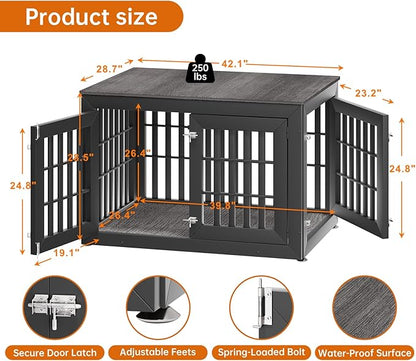 42" Heavy Duty Dog Crate Furniture for Small,Medium and Large Dogs,Rustic Wooden Dog Cage Kennel Indoor Furniture with Waterproof Top,Decorative Pet House Side End Table (Black &amp; Grey)