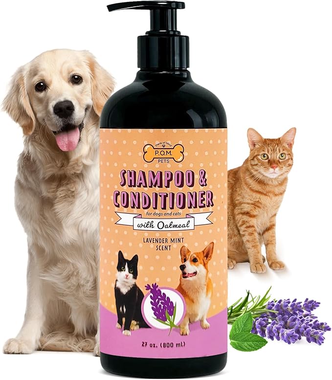 POM Pets 2-in-1 Organic Dog Shampoo &amp; Conditioner – Itchy Skin Relief, Dog Deshedding, Detangles Fur, Cat Shampoo, Paw Cleaner for Dogs, Natural Coat Defense Formula