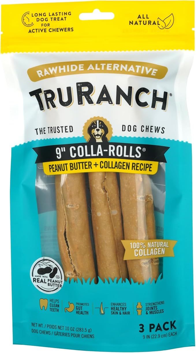 Collagen Rolls - 9" Collagen Rolls for Dogs - Long Lasting Healthy Joint Support Dog Treat - Rawhide Alternative - Skin &amp; Coat Health - Made with Real Peanut Butter, 1 Bag, 3 Count