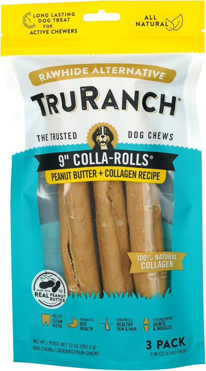 Collagen Rolls - 9" Collagen Rolls for Dogs - Long Lasting Healthy Joint Support Dog Treat - Rawhide Alternative - Skin &amp; Coat Health - Made with Real Peanut Butter, 1 Bag, 3 Count