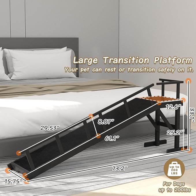 73" Dog Ramp for Bed, Pet Ramp with Removable Side Rail and Non-Slip Surface, Pet Ramp for Small &amp; Large &amp; Senior Dogs with Rest Platform and DIY Glow Strips,Dog Stairs for Couch, Black