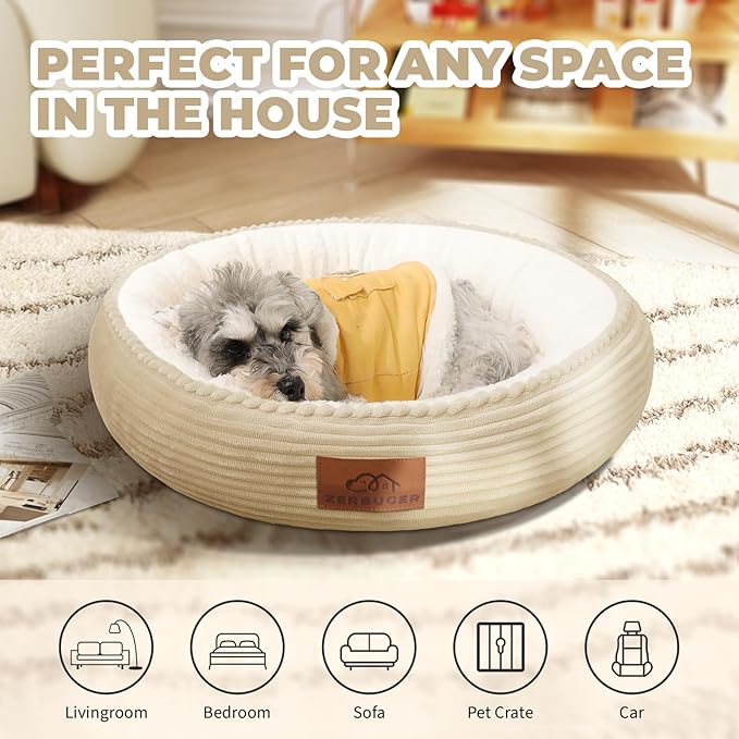 Cat Bed, 20In Dog Beds for Small Dogs, Calming Cat &amp; Dog Beds for Indoor Pets, Pet Beds Comfortable Donut Round Ultra Soft (Camel, 23" L x 23" W x 6.5" Th)