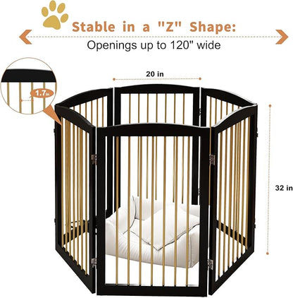 Freestanding Pet Gate for Dogs, Indoor Wooden Dog Gate for House, Extra Wide Dog gate, Foldable Dog Gate for Stair, Doorway, Hall, Support Feet Included, 120 Inch Wide, 6 Panels 32",Black&amp;Gold