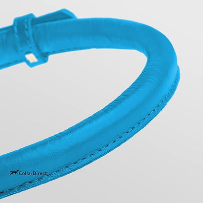 CollarDirect Rolled Leather Dog Collar, Soft Padded Round Puppy Collar, Handmade Genuine Leather Collar Dog Small Large Cat Collars 13 Colors (15-19 Inch, Light Blue Textured)