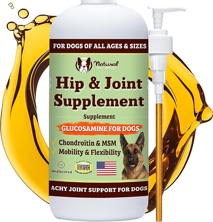 Natural Dog Company Liquid Glucosamine for Dogs, Hip &amp; Joint Oil, Extra Strength Cartilage, Joint Supplement for Dogs, Helps Mobility, Eases Occasional Stiffness, Glucosamine Chondroitin, 32 oz.