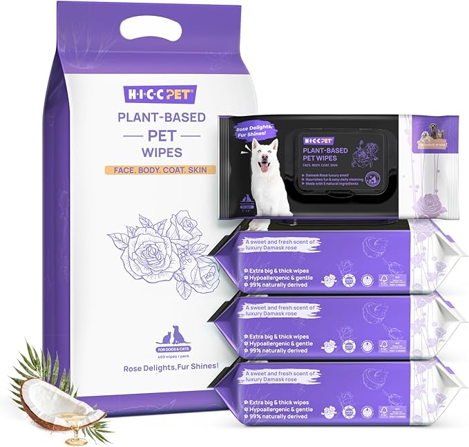 HICC PET Cleaning Deodorizing Wipes for Dogs &amp; Cats, Vet Recommended Nourishes Smoothes Fur Pet Grooming Wipes with Fermented Coconut Oil (400 Counts (Thicken), Rose)