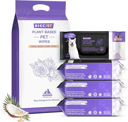 HICC PET Cleaning Deodorizing Wipes for Dogs &amp; Cats, Vet Recommended Nourishes Smoothes Fur Pet Grooming Wipes with Fermented Coconut Oil (400 Counts (Thicken), Rose)