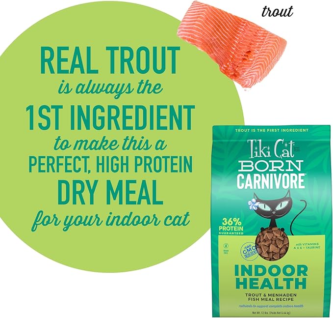 Tiki Cat Born Carnivore Indoor Health Dry Cat Food, Trout &amp; Menhaden Fish Meal, 12 lbs. Bag