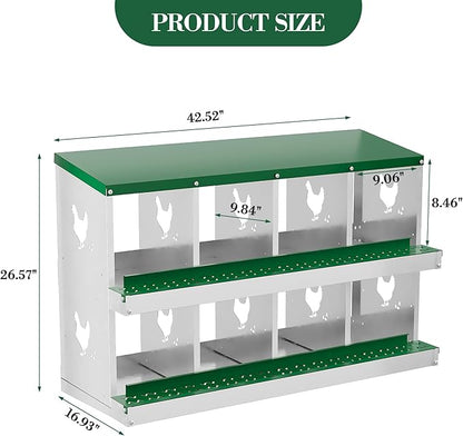 8 Hole Chicken Nesting Box with Roll Out Egg Tray, Rustproof &amp; Ventilated Chicken Laying Boxes for Hens, Chickens, Ducks | Easy-Clean Poultry Coop Accessories