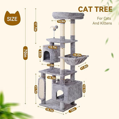 Hoopet 70-Inch Large Cat Tree for Multiple Cats Cat Tower with 2 Condos, Scratching Posts, Hammock &amp; Platform, Plush Perch for Indoor Activity Relaxing Easy Assembly Grey