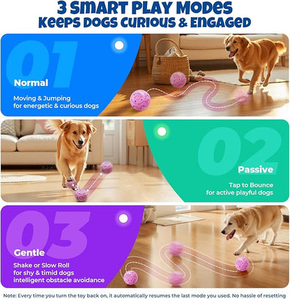 Dog Balls: Interactive Dog Ball Auto Rolling - Interactive Dog Toys for Aggressive Chewers - Bouncy &amp; Throwable, Type-C Rechargeable, Washable, for Small &amp; Medium &amp; Large Dogs – Pink