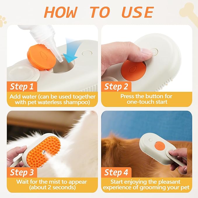 Cat Steam Brush for Shedding, 4 in 1 Rechargeable Pet Steam Brush Set for Dogs &amp; Cats, Pet Spray Hair Removal Comb with Waterless Shampoo, Anti-Static, Massage, Cleaning &amp; Combing All in One